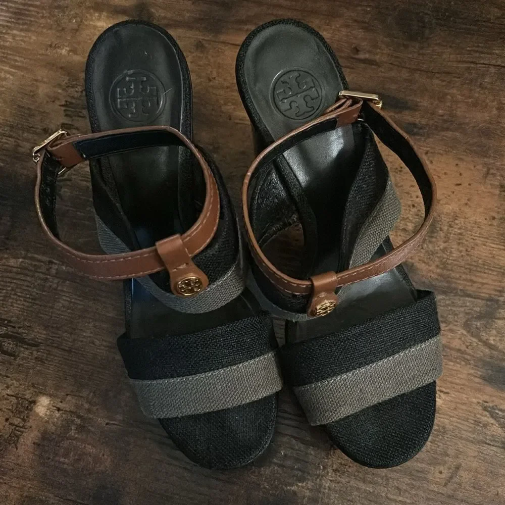 Tory Burch Stripped Canvas/ Leather Platform Sandal Size 9